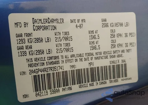 2007 Chrysler Town & Country Lx from USA, damaged, VIN 2A4GP44R27R351741